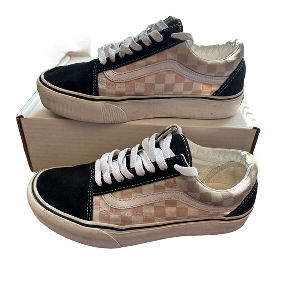 Vans Old Skool Pink White Checkerboard Men 7 / Women 8.5 721454 Black Suede - Picture 1 of 13